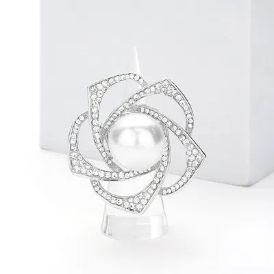 Fashnzfab Pearl Centered Rhinestone Flower Stretch Ring In Gray
