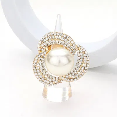 Fashnzfab Pearl Centered Rhinestone Paved Flower Stretch Ring - Cream, Gold