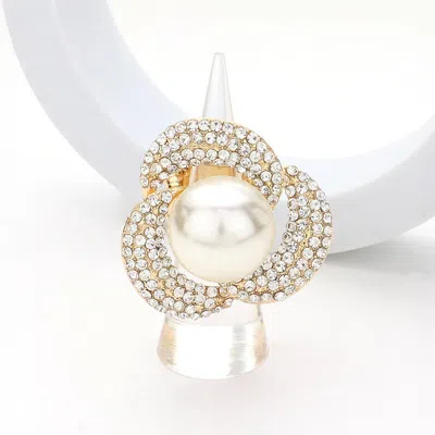 Fashnzfab Pearl Centered Rhinestone Paved Flower Stretch Ring In Silver