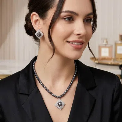 Fashnzfab Pearl Centered Stone Paved Pendant Pointed Necklace In Black