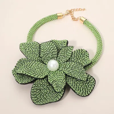 Fashnzfab Pearl Centered Stone Paved Pendant Pointed Necklace In Green