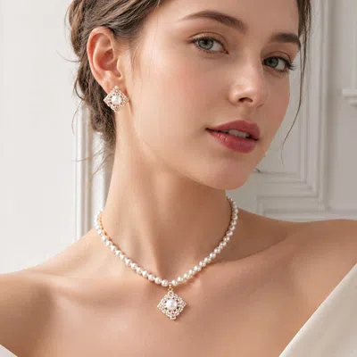 Fashnzfab Pearl Centered Stone Paved Pendant Pointed Necklace In Metallic