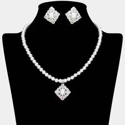 Fashnzfab Pearl Centered Stone Paved Pendant Pointed Necklace In Multi