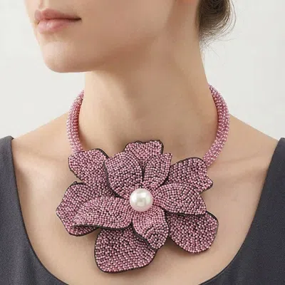 Fashnzfab Pearl Centered Stone Paved Pendant Pointed Necklace In Purple