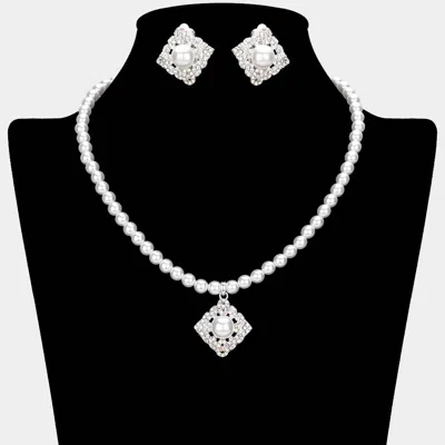 Fashnzfab Pearl Centered Stone Paved Pendant Pointed Necklace In Silver