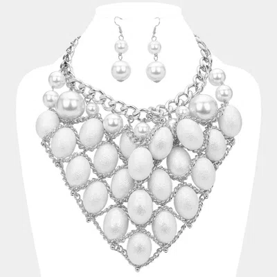 Fashnzfab Pearl Chain Link Statement Bib Necklace In Silver