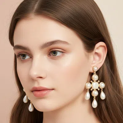 Fashnzfab Pearl Chandelier Cross Drop Statement Earrings In Gold