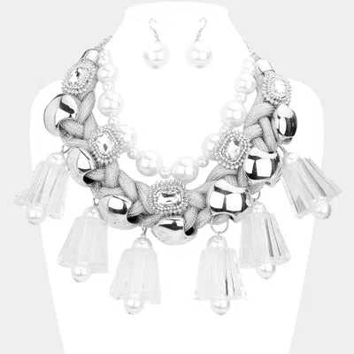 Fashnzfab Pearl Chunky Lucite Cord Braided Statement Necklace In Silver
