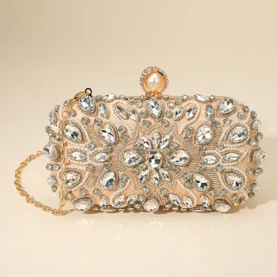 Fashnzfab Pearl Clasp Crystal Stone Embellished Evening Crossbody Clutch Bag In Gold