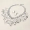 Fashnzfab Pearl Clear Beads Fringe Statement Necklace In Silver