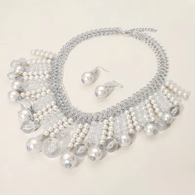 Fashnzfab Pearl Clear Beads Fringe Statement Necklace In Silver