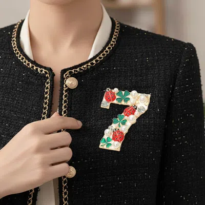 Fashnzfab Pearl Clover Ladybug Embellished Lucky Number Seven Pin Brooch In Gold