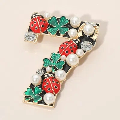 Fashnzfab Pearl Clover Ladybug Embellished Lucky Number Seven Pin Brooch In Multi