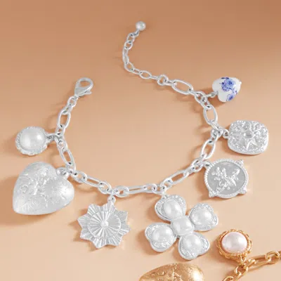 Fashnzfab Pearl Clover Metal Heart Honey Bee Medal Charm Station Bracelet Matte Silver