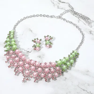 Fashnzfab Pearl Cluster Crystal Embellished Statement Evening Necklace In Pink