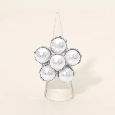 Fashnzfab Pearl Cluster Floral Stretch Ring In Silver