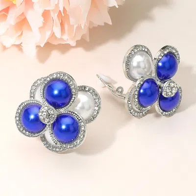 Fashnzfab Pearl Cluster Flower Evening Clip On Earrings In Blue