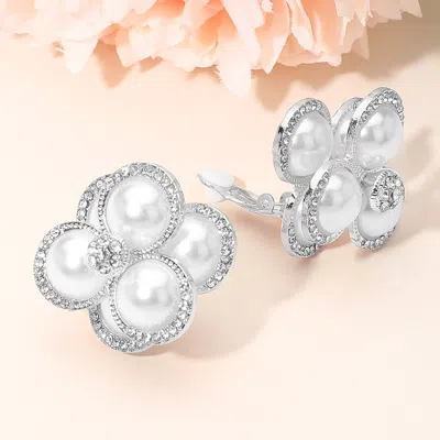 Fashnzfab Pearl Cluster Flower Evening Clip On Earrings In Silver