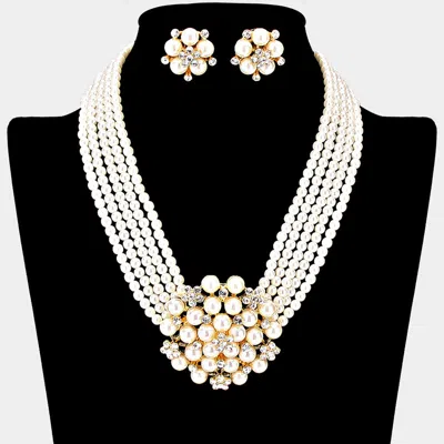 Fashnzfab Pearl Cluster Flower Necklace Clip On Earring Set In Gold