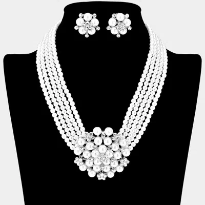 Fashnzfab Pearl Cluster Flower Necklace Clip On Earring Set In White