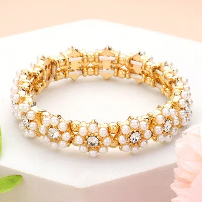 Fashnzfab Pearl Cluster Flower Stretch Bracelet Cream, Gold In Multi