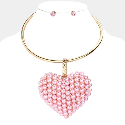 Fashnzfab Pearl Cluster Heart Pendant Necklace - Pink