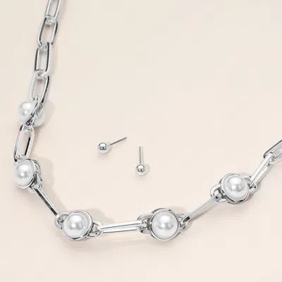 Fashnzfab Pearl Cluster Link Paperclip Chain Necklace In Silver