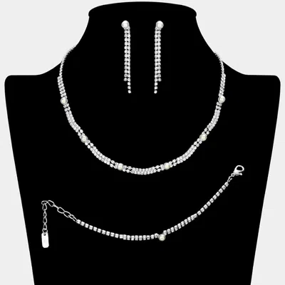 Fashnzfab Pearl Cluster Pointed Rhinestone Paved Necklace Jewelry Set In Multi