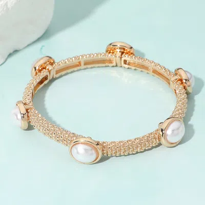 Fashnzfab Pearl Cluster Station Metal Mesh Stretch Bracelet Gold