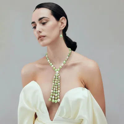 Fashnzfab Pearl Cluster Tassel Statement Necklace In Green
