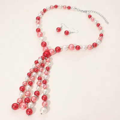 Fashnzfab Pearl Cluster Tassel Statement Necklace In Red