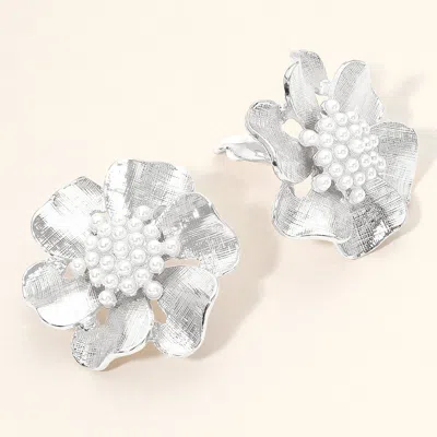Fashnzfab Pearl Cluster Textured Metal Petal Floral Statement Clip On Earrings In Multi
