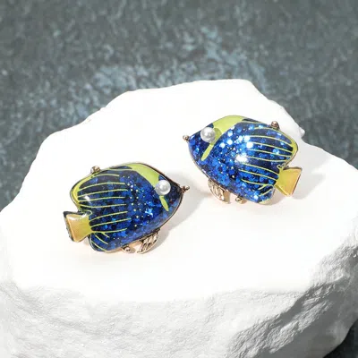 Fashnzfab Pearl Confetti Glittered Tropical Fish Stud Earrings In Blue