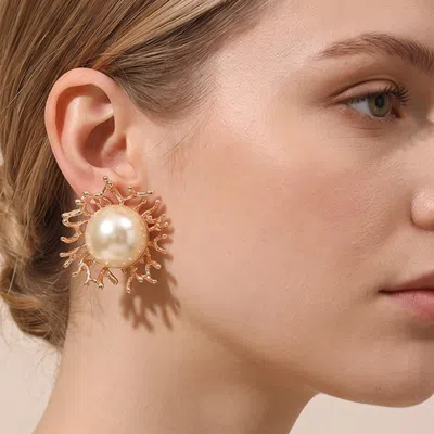 Fashnzfab Pearl Coral Clip On Earrings In Gold