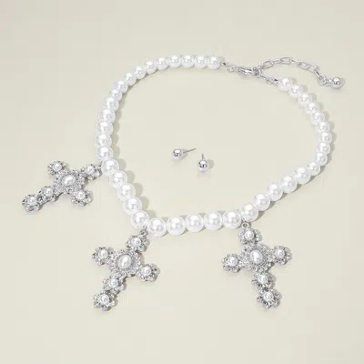 Fashnzfab Pearl Cross Charm Beaded Statement Necklace In Multi
