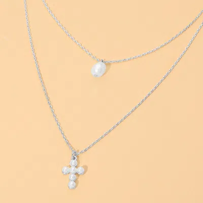 Fashnzfab Pearl Cross Charm Pendant Accent Layered Necklace In Metallic