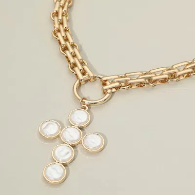 Fashnzfab Pearl Cross Charm Pendant Chunky Chain Statement Necklace In Gold