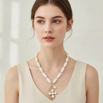 Fashnzfab Pearl Cross Charm Pendant Chunky Oval Beaded Statement Necklace In Multi