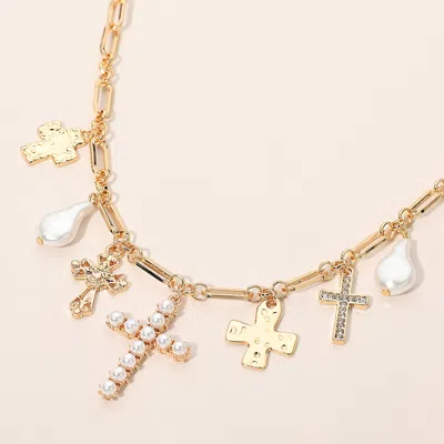 Fashnzfab Pearl Cross Charm Station Paper Clip Chain Necklace In Metallic