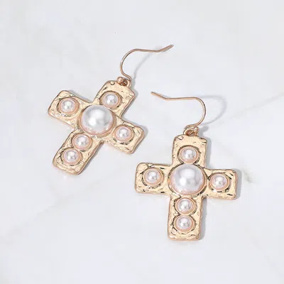Fashnzfab Pearl Cross Dangle Earrings In Gold