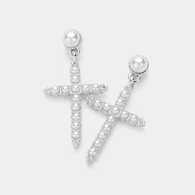 Fashnzfab Pearl Cross Dangle Earrings In Metallic