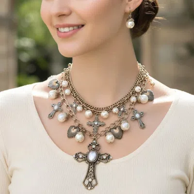 Fashnzfab Pearl Cross Heart Charm Embellished Layered Statement Necklace In Multi