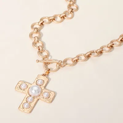 Fashnzfab Pearl Cross Pendant Chunky Chain Necklace - Cream In Silver