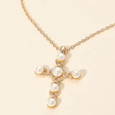 Fashnzfab Pearl Cross Pendant Necklace In Silver