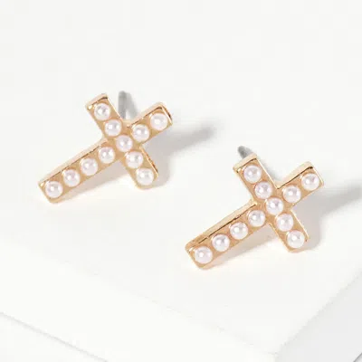 Fashnzfab Pearl Cross Stud Earrings - Gold, White