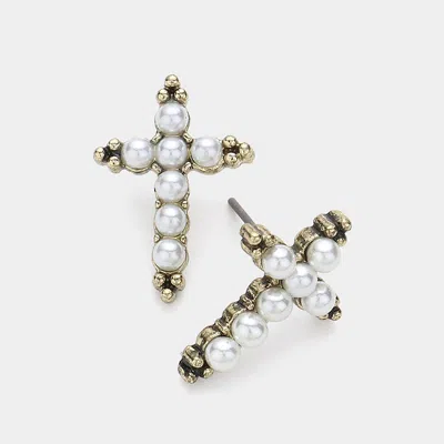 Fashnzfab Pearl Cross Stud Earrings In Silver