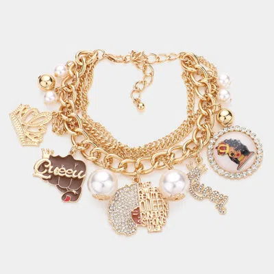 Fashnzfab Pearl Crown Queen Message Afro Girl Charm Multi Layered Bracelet In Gold