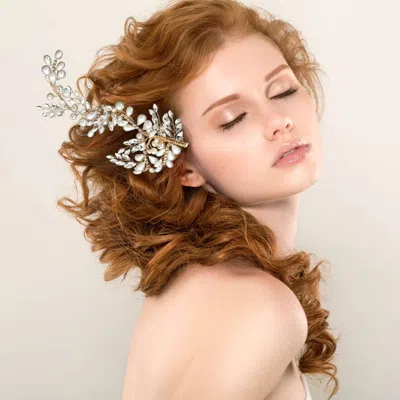 Fashnzfab Pearl Crystal Branch Hair Clip In Gold