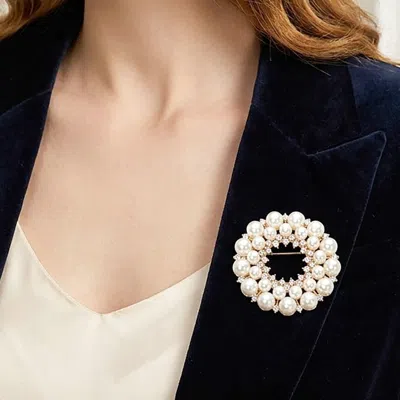 Fashnzfab Pearl Crystal Circle Pin Brooch In Neutral