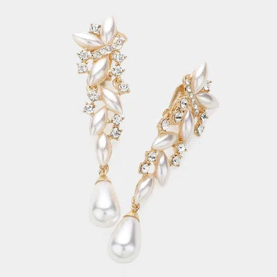 Fashnzfab Pearl Crystal Drop Clip On Earrings - Cream, Gold